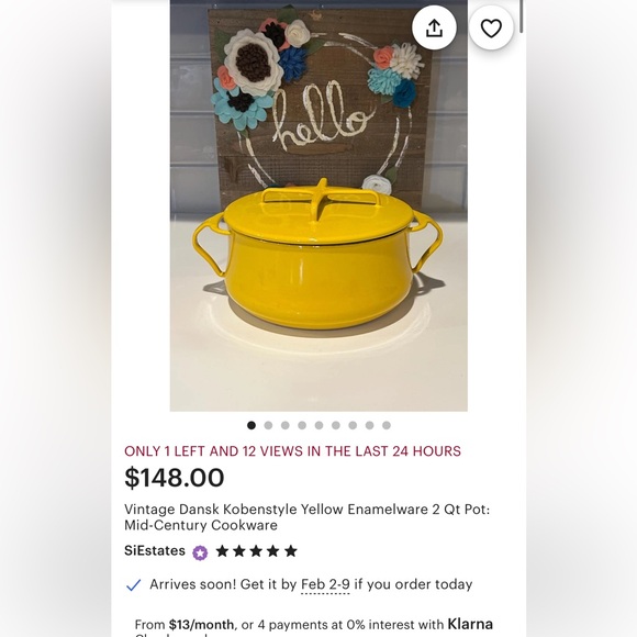 Dansk Designs Kobenstyle Yellow Enameled Dutch Oven & Lid. 2 Quart - Picture 16 of 17